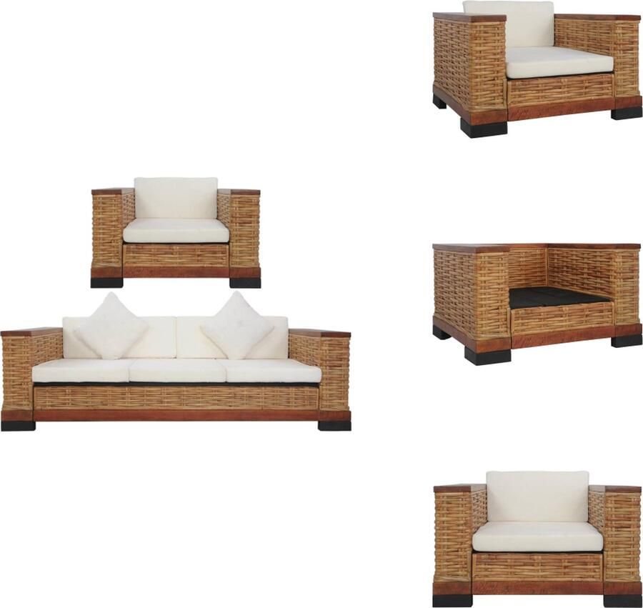 VidaXL Rattan Bankstelset Bruin Crèmewit Natuurlijk rattan Massief mangohouten frame Verwijderbare kussenhoezen Bank