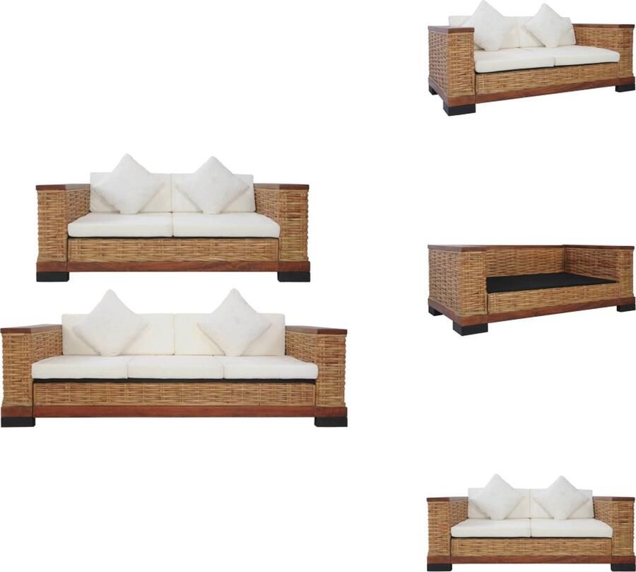 VidaXL Rattan Bankstelset Bruin Crèmewit Natuurlijk rattan Massief mangohouten frame Verwijderbare kussenhoezen Bank - Foto 2