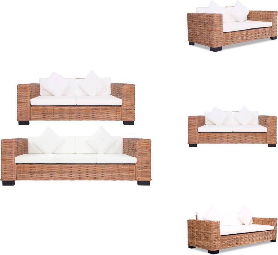 VidaXL Rattan Bankstelset Bruin en Crèmewit 2-zitsbank- 157x80x67 cm 3-zitsbank- 195x80x67 cm Incl kussens Bank