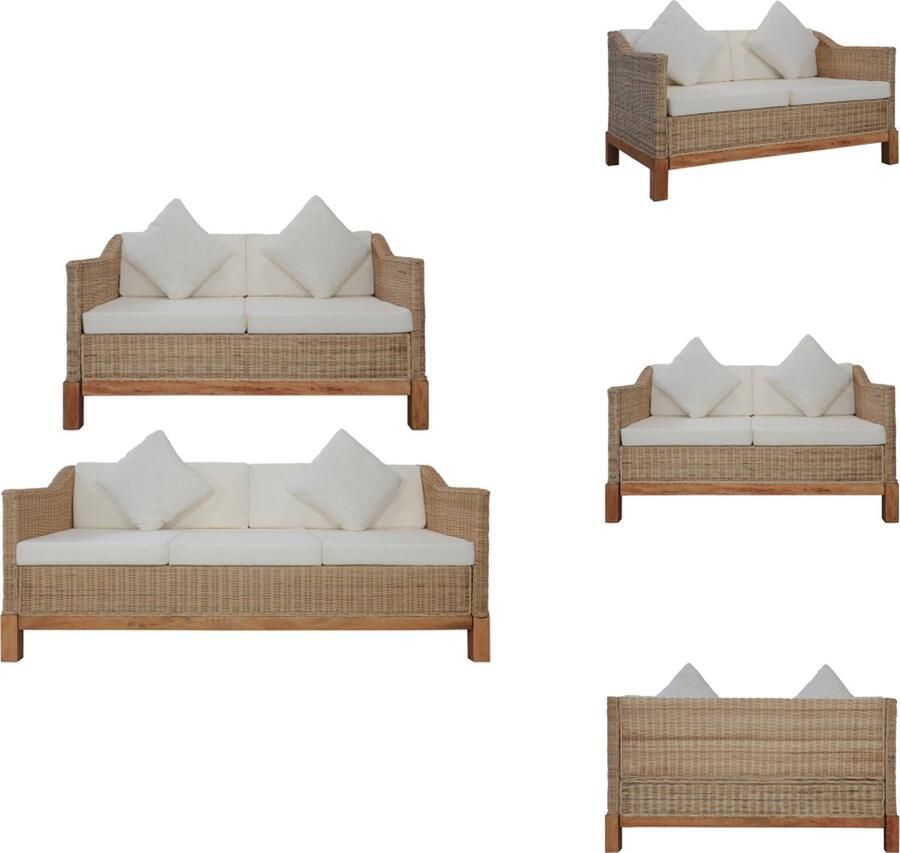 VidaXL Rattan Bankstelset 2-zits 3-zits Natuurlijk Rattan Massief Mangohouten Frame Verwijderbare Kussenhoezen Bank