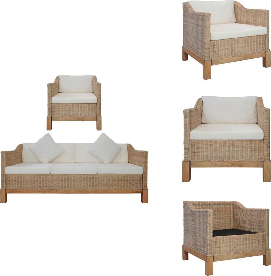 VidaXL Rattan Bankstelset Naturel en Crèmewit 1 fauteuil 1 driezitsbank 4 zitkussens 3 rugkussens 2 sierkussens Bank