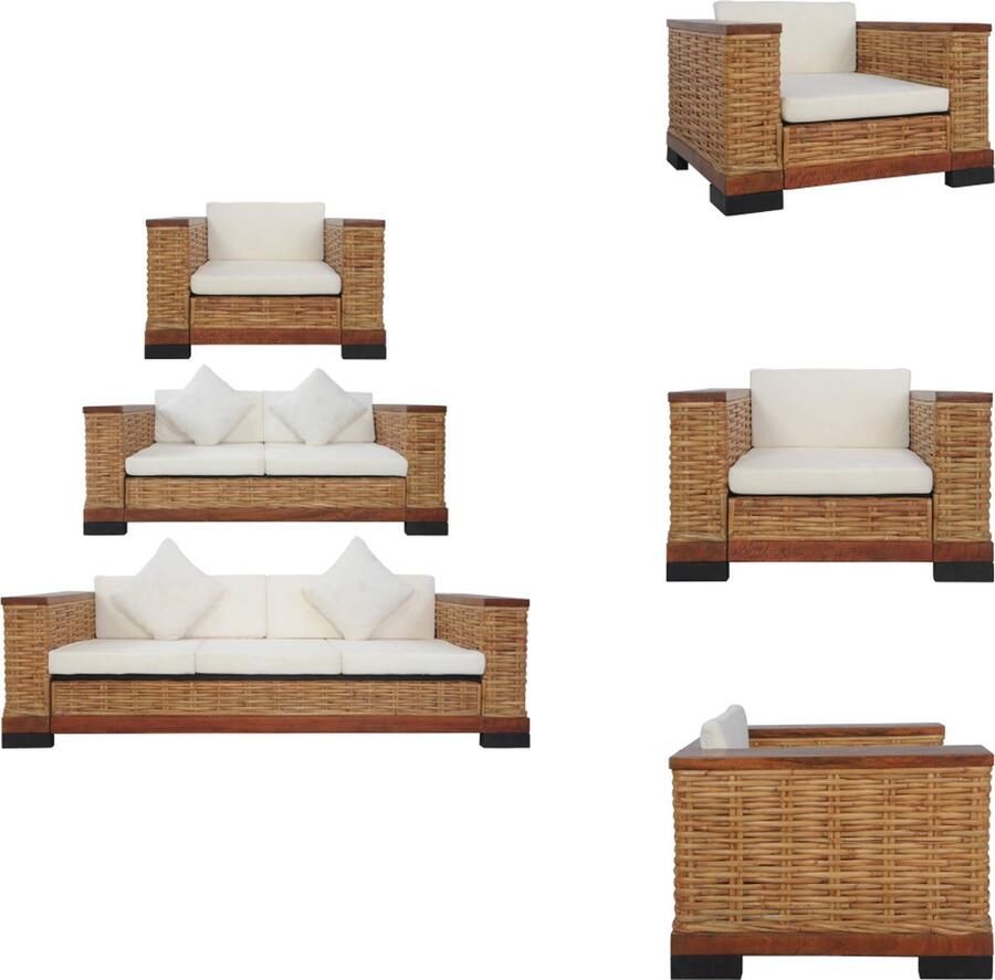 VidaXL Rattan Bankstelset Bruin Crèmewit Natuurlijk Rattan en Massief Mangohout Fauteuil 94x78x66cm 2-zitsbank 155x78x66cm 3-zitsbank 191x78x66cm Bank