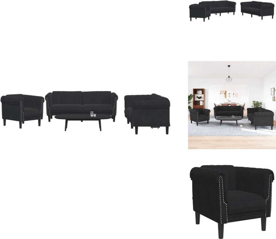 VidaXL The Living Store 3-delige Loungeset fluweel zwart Loungebank Fauteuils Bankstel Fluweel Sofa Zwarte Bank