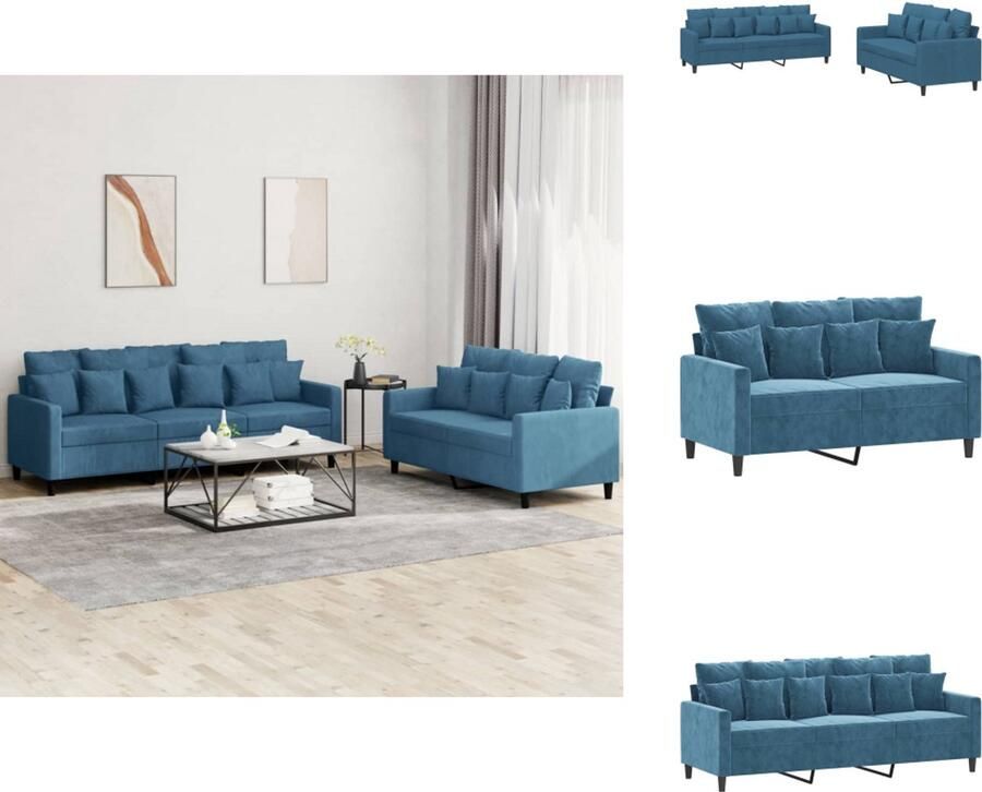VidaXL Bankstel Bankstellen Fauteuil 2-zitsbank 2-delige Loungeset met kussens fluweel blauw