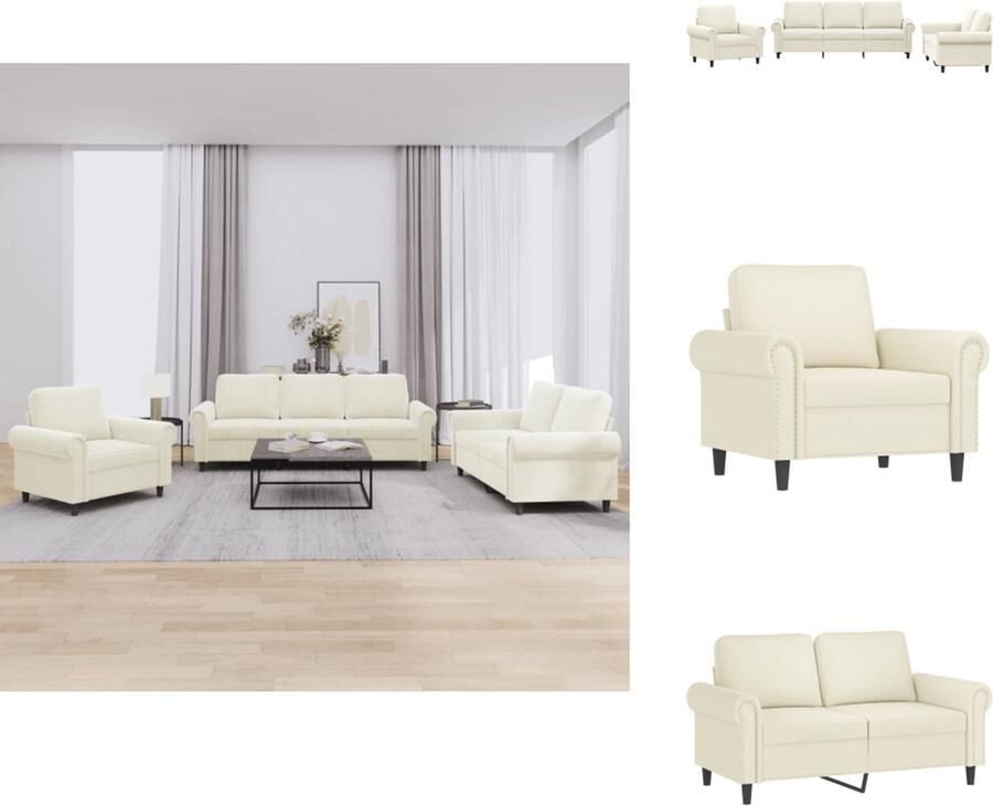 VidaXL Bankstel Bankstellen Fauteuil 2-zitsbank 3-delige Loungeset met kussens fluweel crèmekleurig