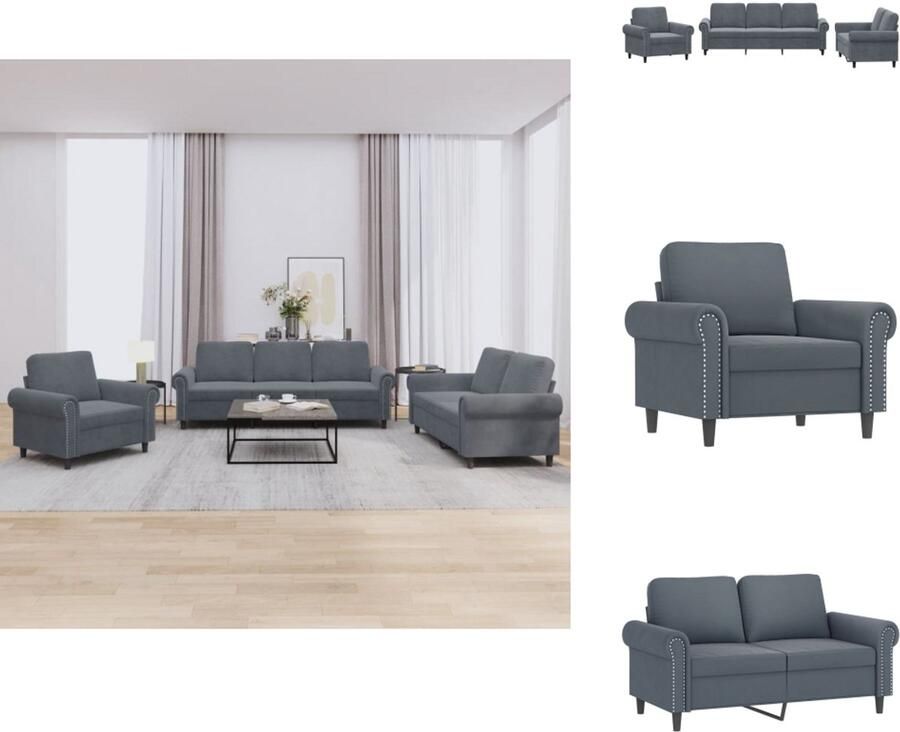 VidaXL Bankstel Bankstellen Fauteuil 2-zitsbank 3-delige Loungeset met kussens fluweel donkergrijs - Foto 2