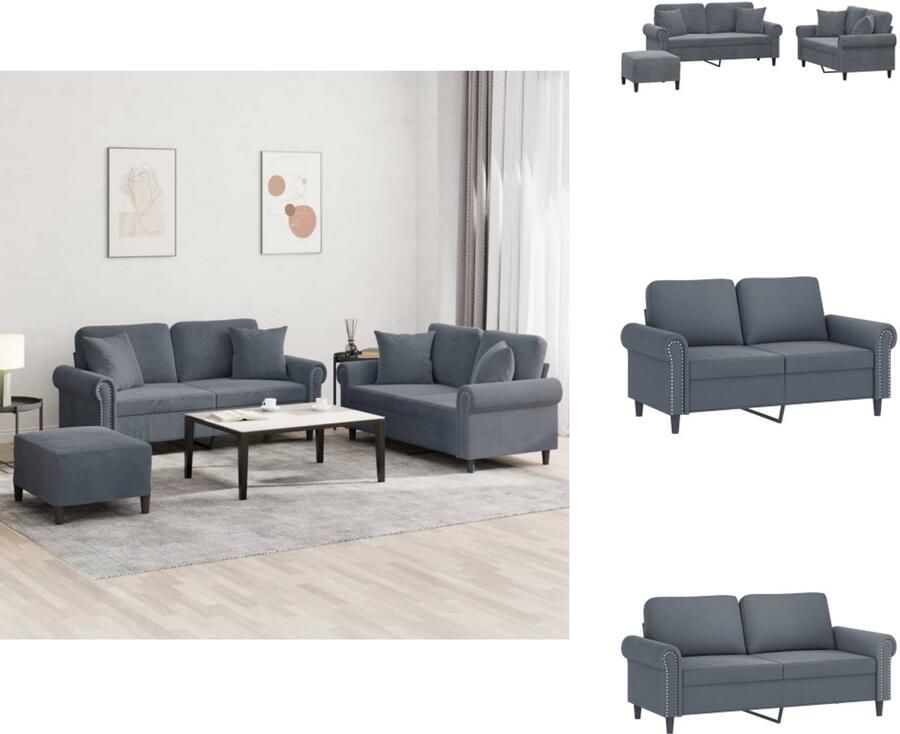 VidaXL Bankstel Bankstellen Fauteuil 2-zitsbank 3-delige Loungeset met kussens fluweel donkergrijs