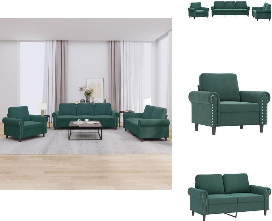 VidaXL Bankstel Bankstellen Fauteuil 2-zitsbank 3-delige Loungeset met kussens fluweel donkergroen