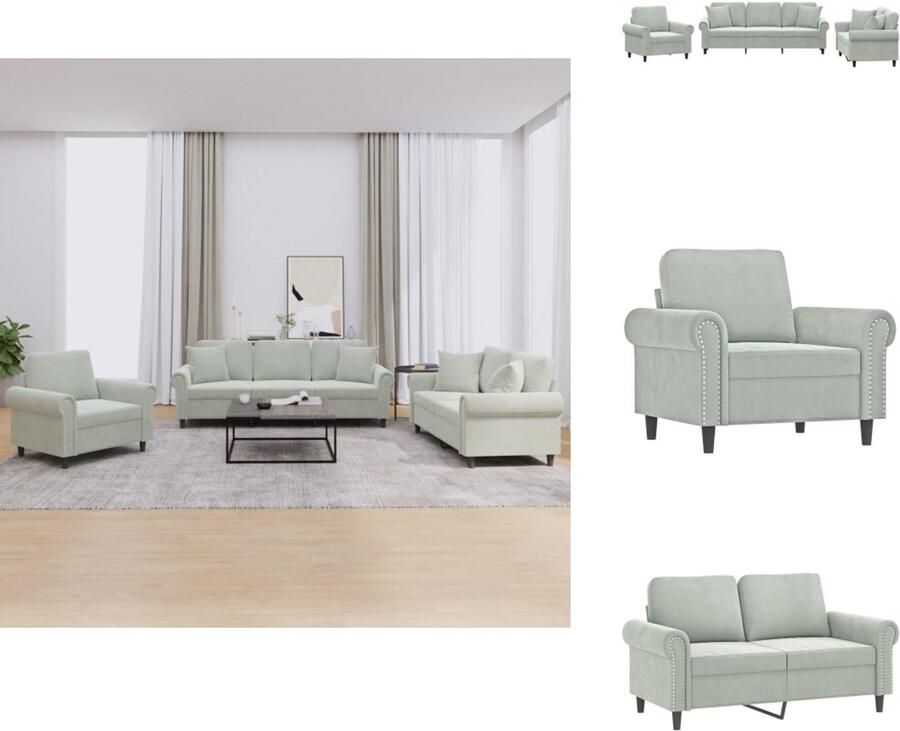 VidaXL Bankstel Bankstellen Fauteuil 2-zitsbank 3-delige Loungeset met kussens fluweel lichtgrijs - Foto 2