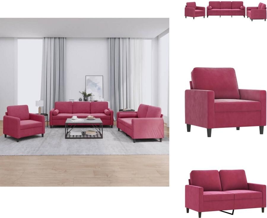 VidaXL Bankstel Bankstellen Fauteuil 2-zitsbank 3-delige Loungeset met kussens fluweel wijnrood