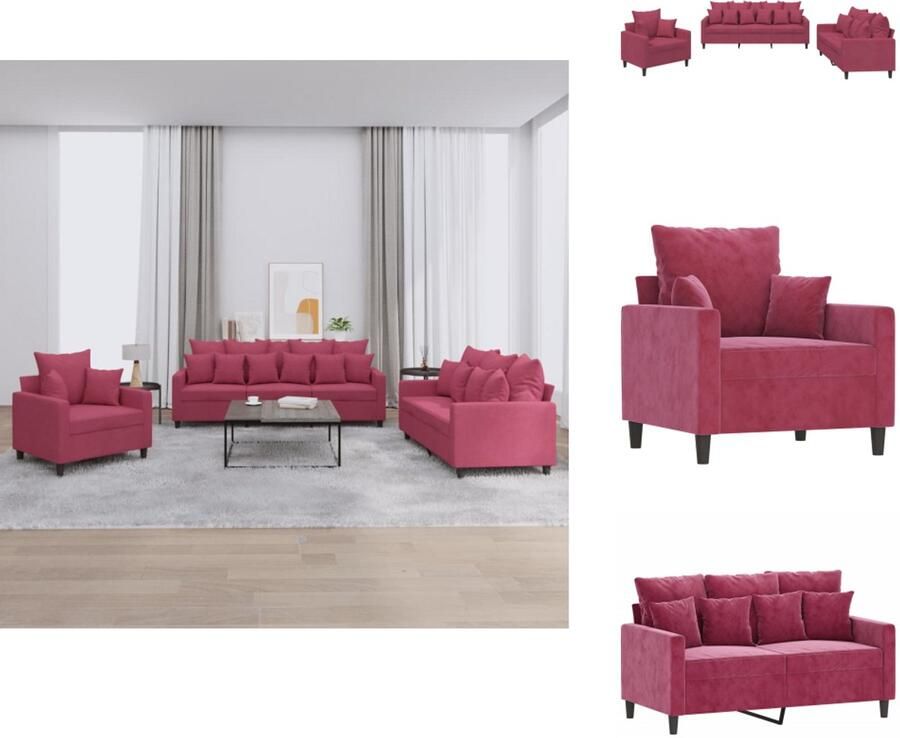 VidaXL Bankstel Bankstellen Fauteuil 2-zitsbank 3-delige Loungeset met kussens fluweel wijnrood