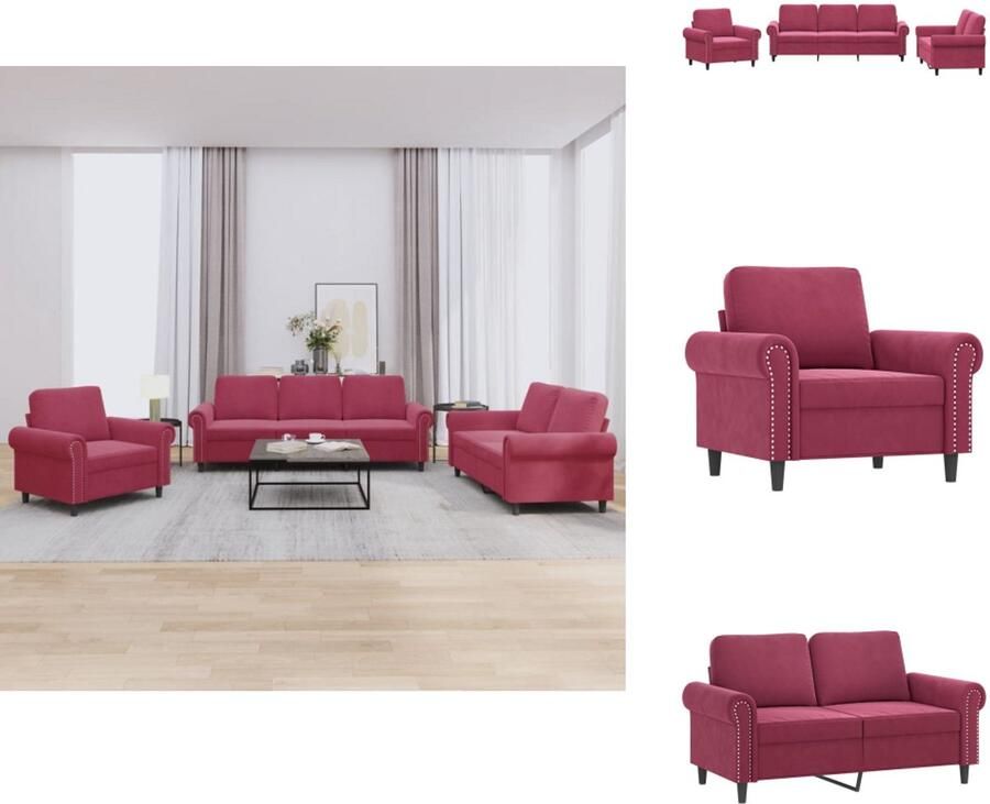 VidaXL Bankstel Bankstellen Fauteuil 2-zitsbank 3-delige Loungeset met kussens fluweel wijnrood