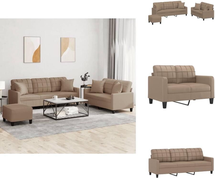 VidaXL Bankstel Bankstellen Fauteuil 2-zitsbank 3-delige Loungeset met kussens kunstleer cappuccinokleurig