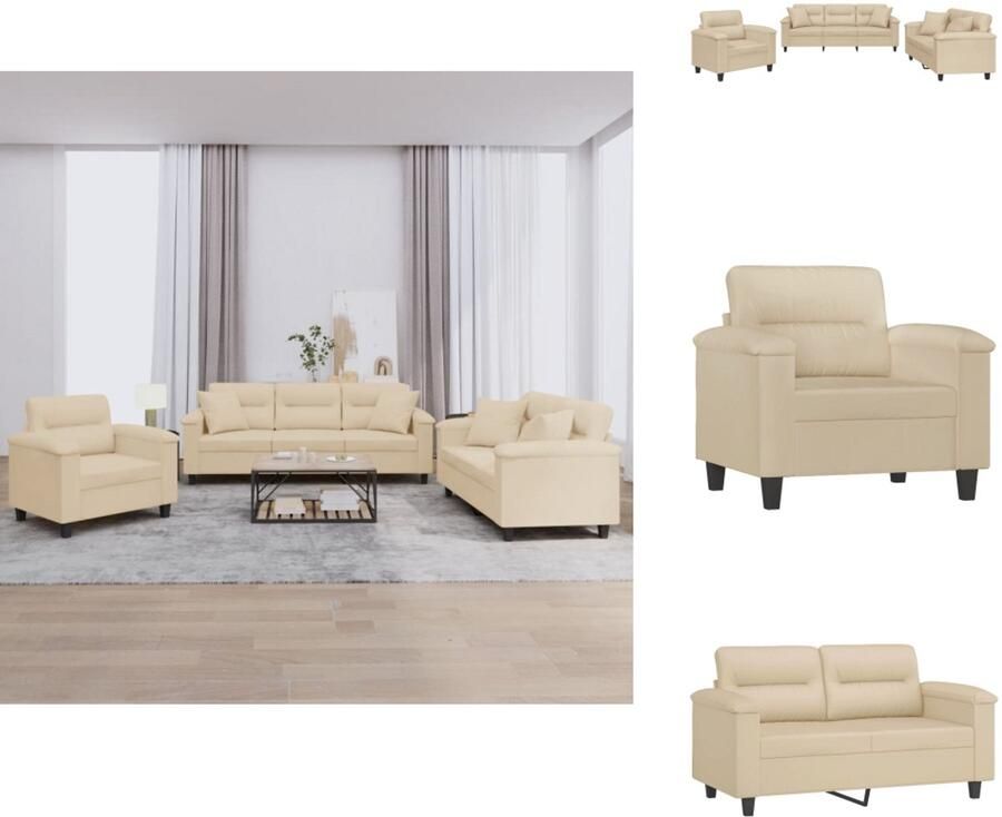 VidaXL Bankstel Bankstellen Fauteuil 2-zitsbank 3-delige Loungeset met kussens microvezelstof crèmekleurig