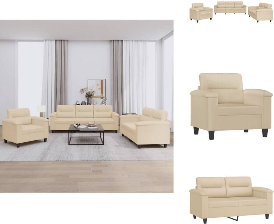 VidaXL Bankstel Bankstellen Fauteuil 2-zitsbank 3-delige Loungeset met kussens microvezelstof crèmekleurig