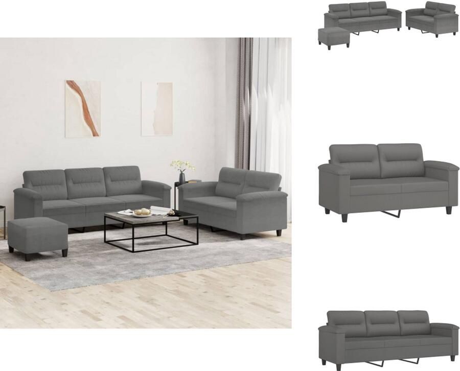 VidaXL Bankstel Bankstellen Fauteuil 2-zitsbank 3-delige Loungeset met kussens microvezelstof donkergrijs