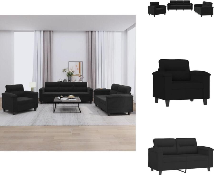 VidaXL Bankstel Bankstellen Fauteuil 2-zitsbank 3-delige Loungeset met kussens microvezelstof zwart