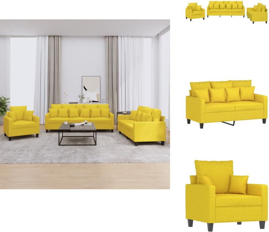 VidaXL Bankstel Bankstellen Fauteuil 2-zitsbank 3-delige Loungeset met kussens stof lichtgeel