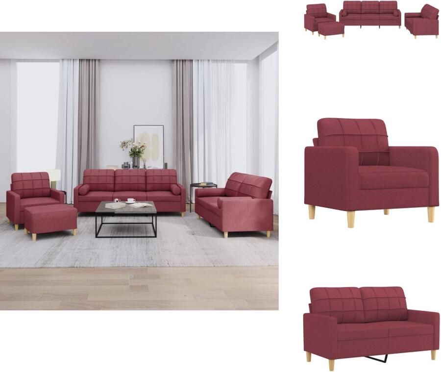 VidaXL Bankstel Bankstellen Fauteuil 2-zitsbank 4-delige Loungeset met kussens stof wijnrood