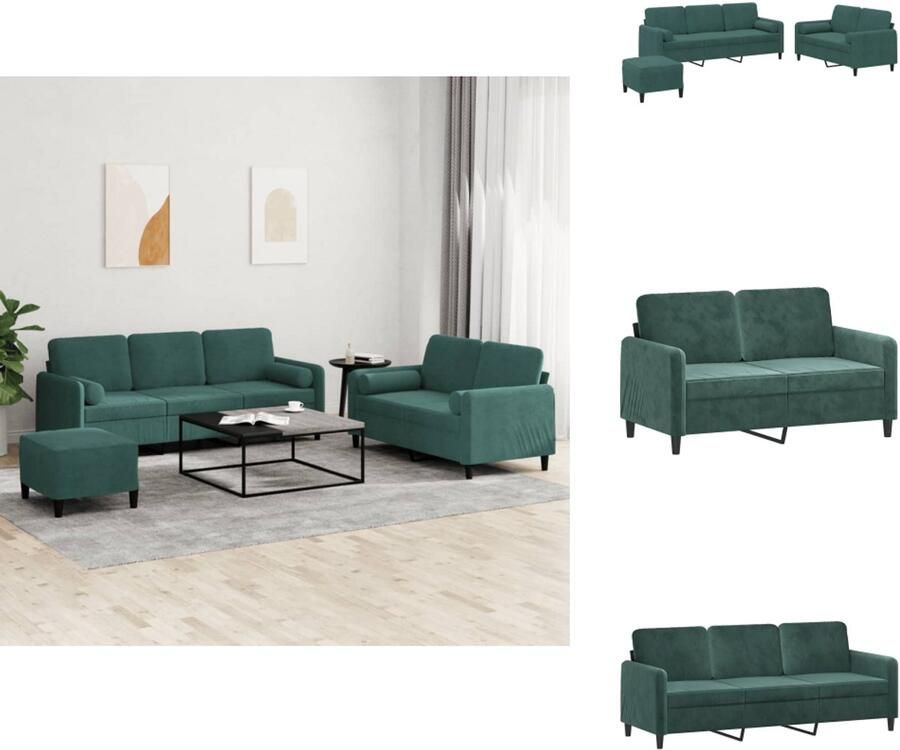 VidaXL Bankstel Bankstellen Fauteuil 3-zitsbank 3-delige Loungeset met kussens fluweel donkergroen