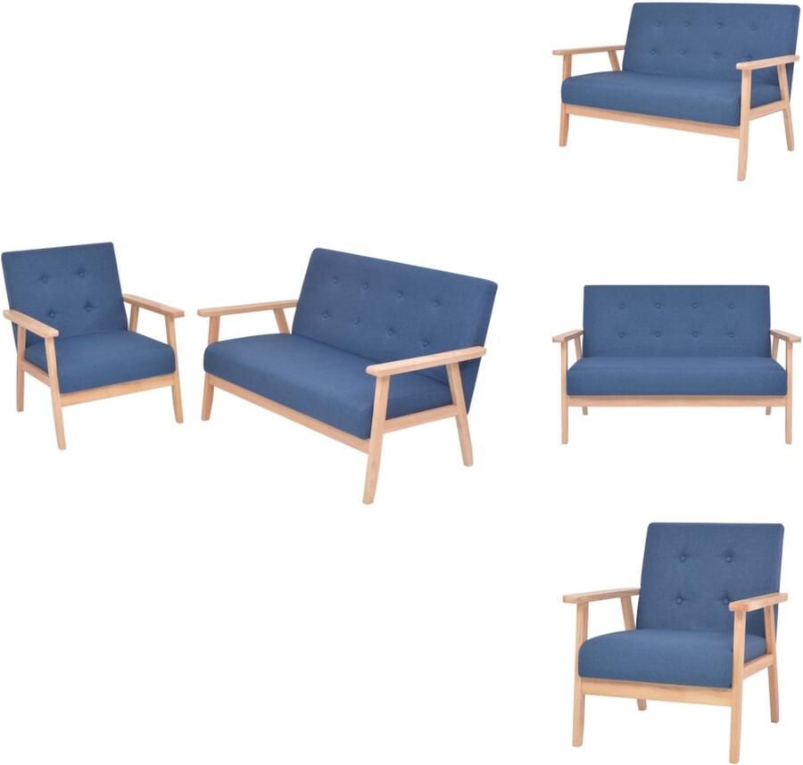 VidaXL Bankenset Blauw Houten frame Polyester stof Fauteuil en 3-zitsbank Eenvoudig te monteren Bank - Foto 2