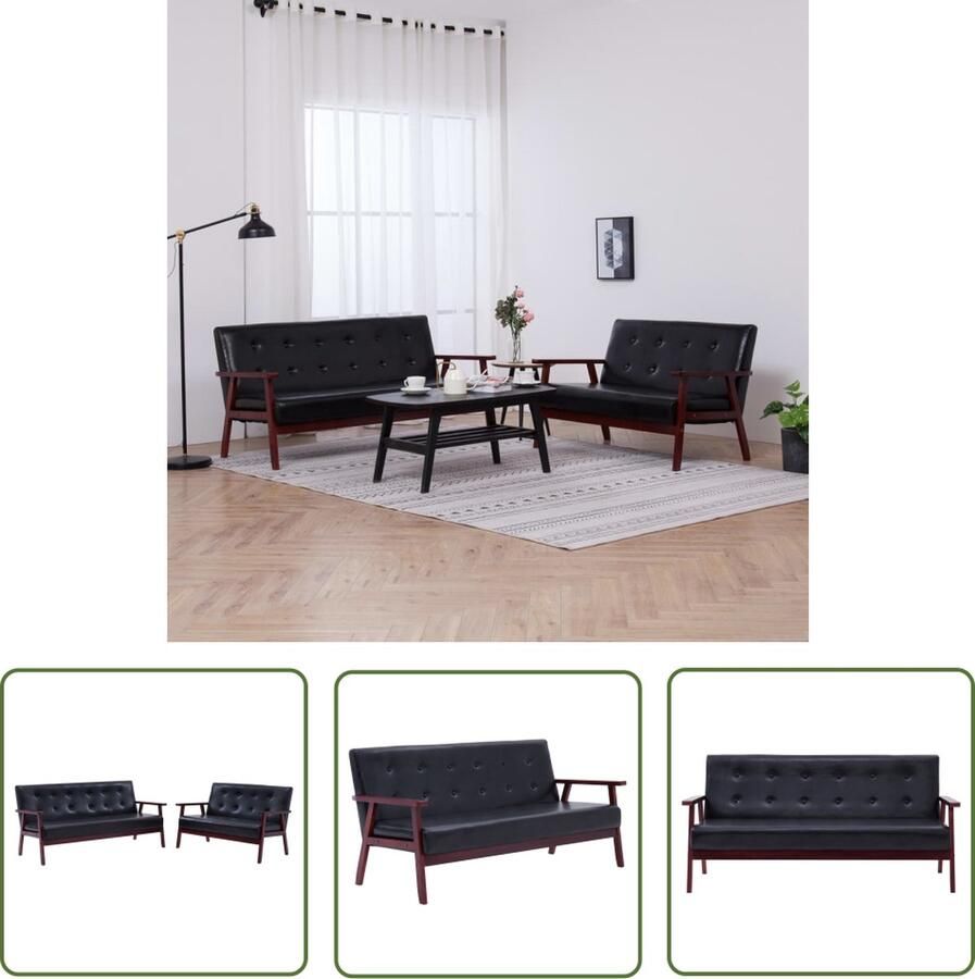 The Living Store Bankstel Bankenset 2-zitsbank en 3-zitsbank Zwart Kunstleer Comfortabele Bank Bankstel Salontafel Woonkamer Meubels Lederlook - Foto 2