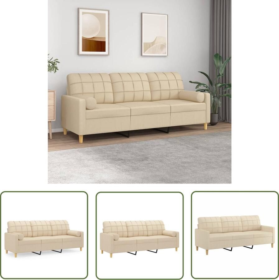 The Living Store Driezitsbank met sierkussens 180 cm stof crèmekleurig Drie Zits Bank Bankstel Crème Kleur Lounge Meubilair Woonkamer Meubels