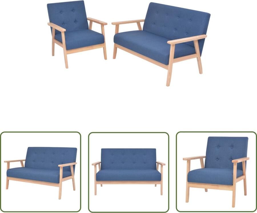 The Living Store Bankenset Comfort Fauteuil en 2-zitsbank Blauw Houten frame Polyester bekleding Comfortabele Bank Bankstel Kopen Blauwe Bank Fauteuils Twee Zits Bank - Foto 2