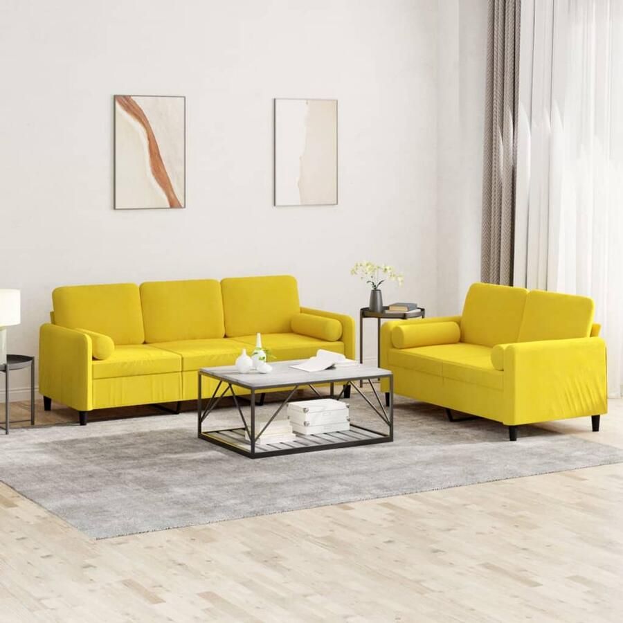 The Living Store Bank Zacht Fluweel 2-zits en 3-zits Geel Comfortabele Zitervaring Lounge Set Bankstel Fluweel Sofa Gele Bank 2 Persoons Bank