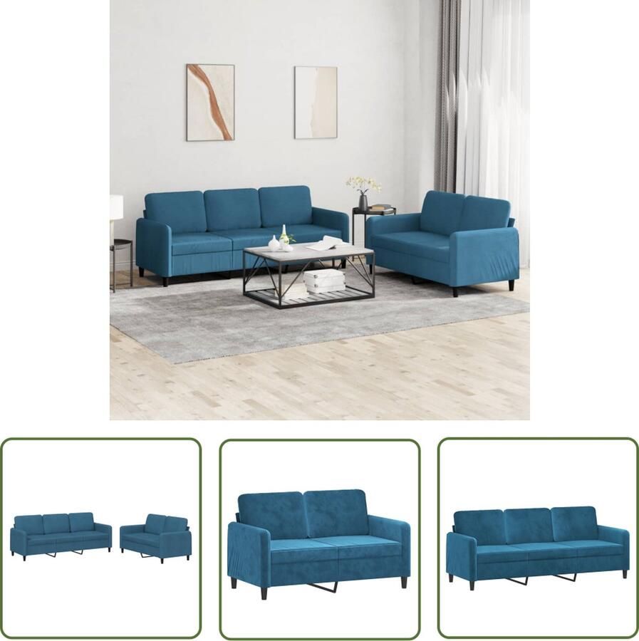 The Living Store 2-delige Loungeset fluweel blauw Loungebank Bankstel Fluweelbanks Blauwe Bank 2 Persoons Bank