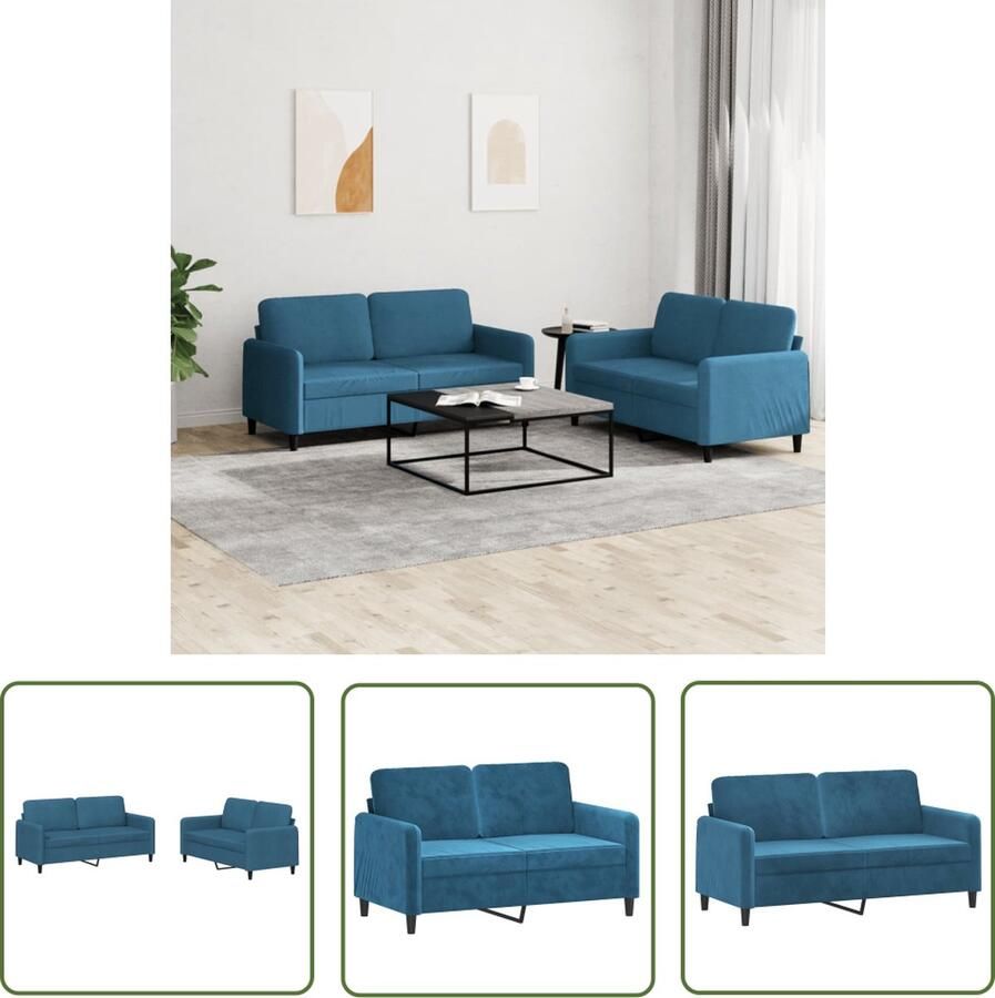 The Living Store 2-delige Loungeset fluweel blauw Loungebank Bankstel Velvet Bank Blauwe Bank 2 Persoons Bank