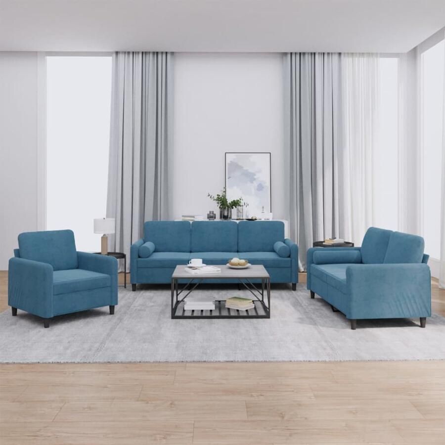 The Living Store 3-delige Loungeset met kussens fluweel blauw Loungebank Bankstel Zitzitting Velvet Sofa Lounge Suite