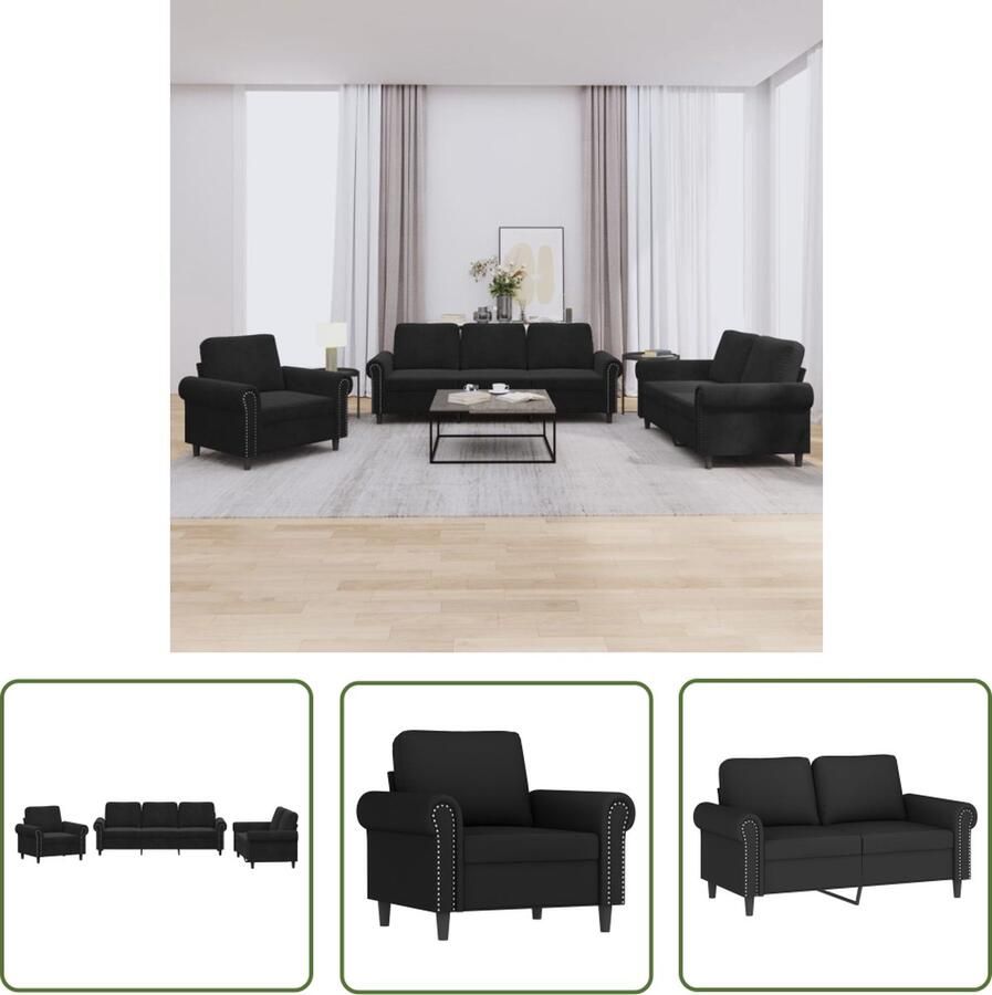 The Living Store 3-delige Loungeset met kussens fluweel zwart Loungebank Bankstel Velvet Bank Zwarte Bank 2 Persoons Bank