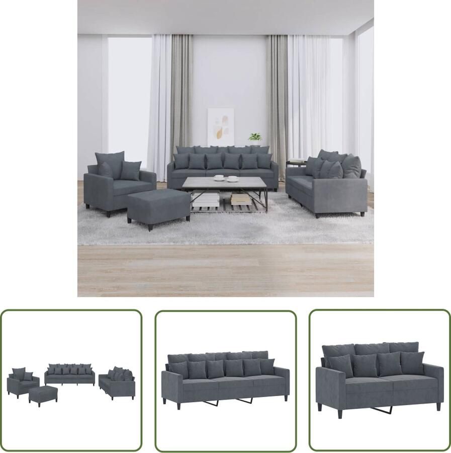 The Living Store Loungeset Bankstel Donkergrijs Velvet Comfortabele Zitbank met Voetenbank Loungebank Bankstel Velvet Sofa Grijs Meubilair Lounge Set