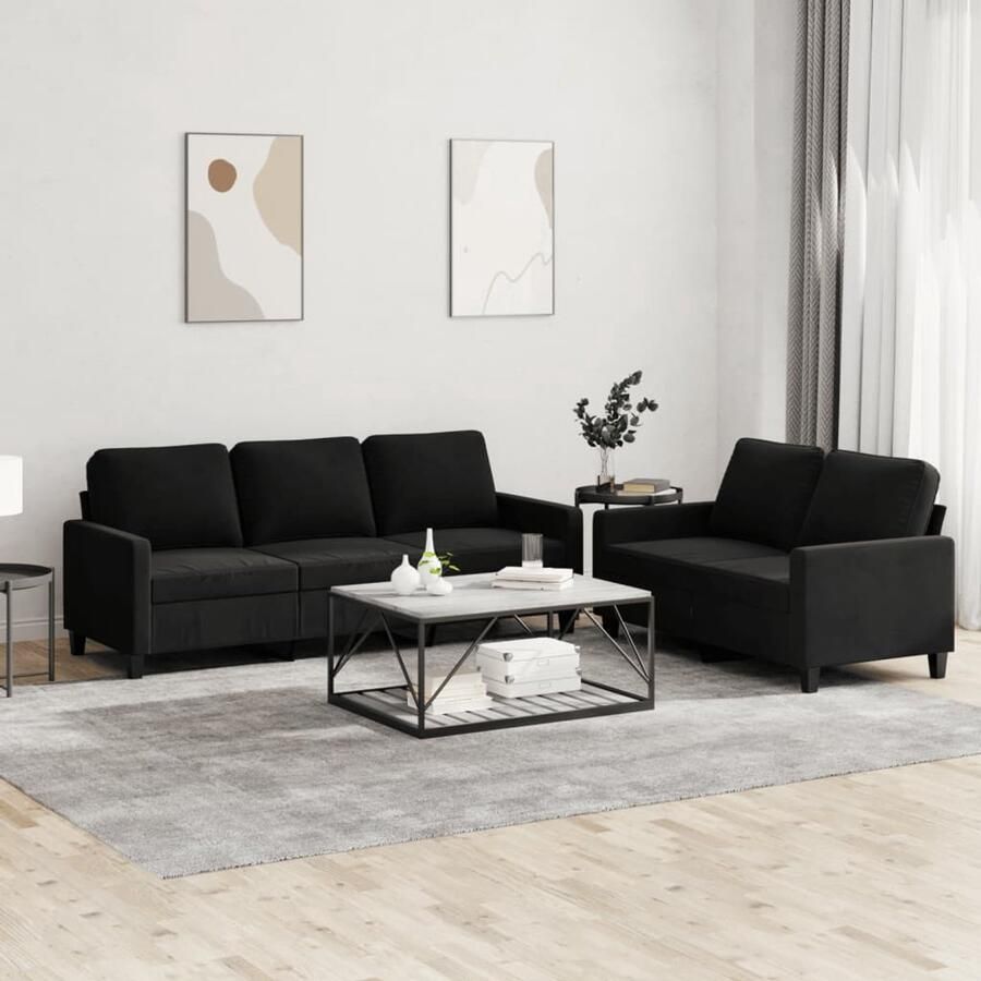 The Living Store Loungebank Zwart fluweel Comfortabele 2- en 3-zitsbanken met stevig frame 138 x 77 x 80 cm 198 x 77 x 80 cm Loungeset Bankstel Fluweel Sofa Zwarte Bank 2 Persoons Bank