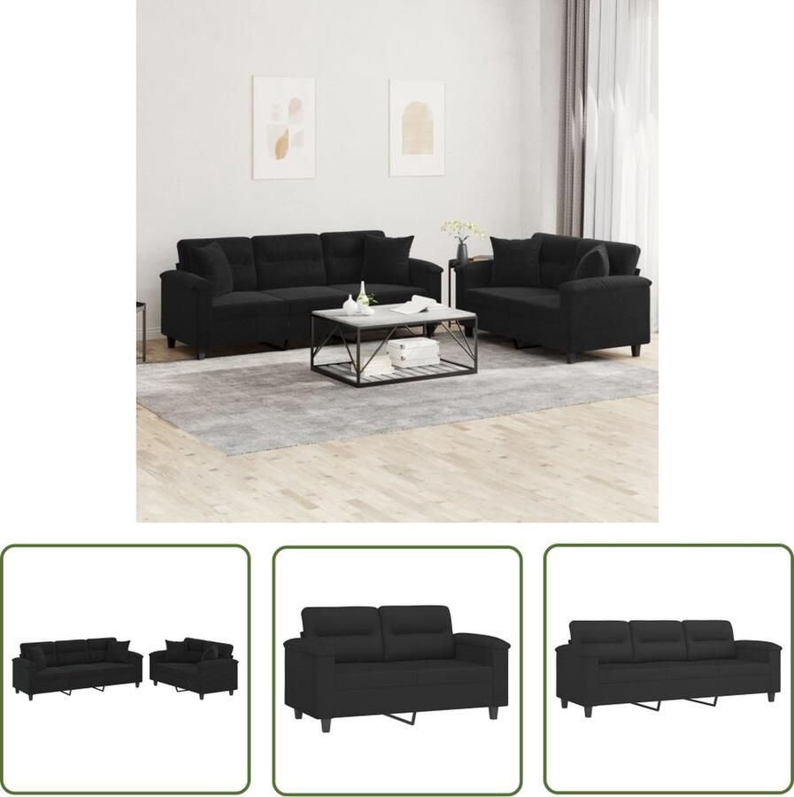 The Living Store 2-delige Loungeset met kussens microvezelstof zwart Loungeset Bankstel Salonmeubilair Twee Persoons Bank Drie Persoons Bank