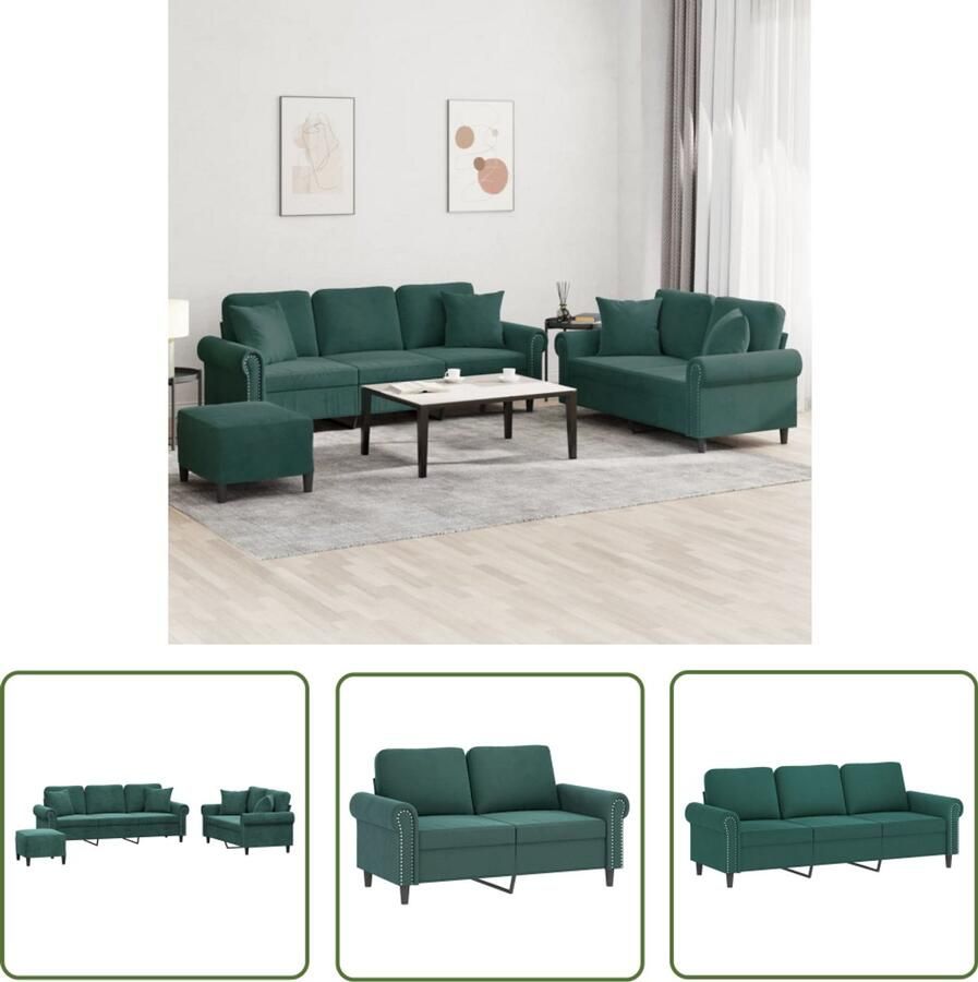 VidaXL Bankstel Loungeset 3-delige Loungeset met kussens fluweel donkergroen Fluweel Groen Lounge Meubels
