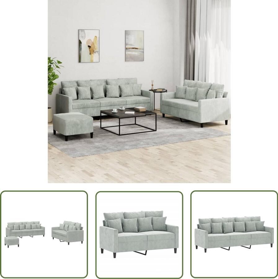 VidaXL Bankstel Loungeset 3-delige Loungeset met kussens fluweel lichtgrijs Fluweel Sofa Grijze Bank Lounge Meubels