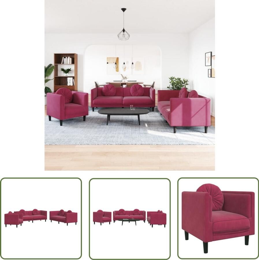 VidaXL Bankstel Loungeset 3-delige Loungeset met kussens fluweel wijnrood Fluweel Sofa Rode Bank Woonkamer Meubels