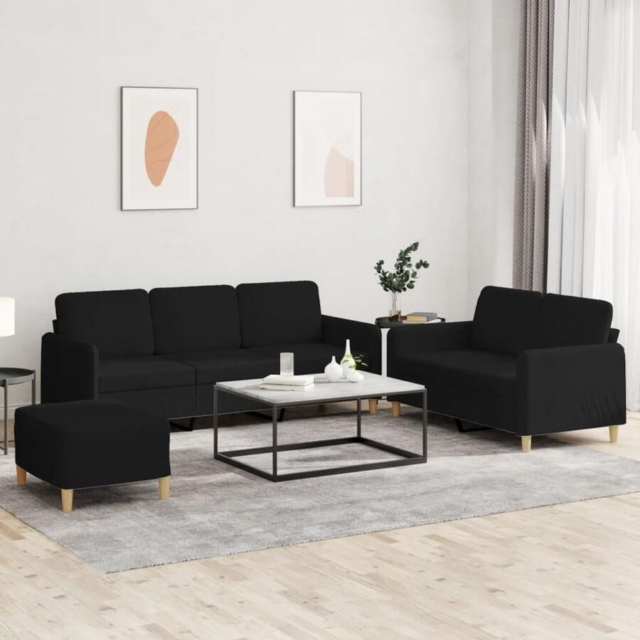 The Living Store 3-delige loungeset met kussens stof zwart Loungeset Bankstel Woonkamer Meubilair Zwarte Bank Stoffen Bank