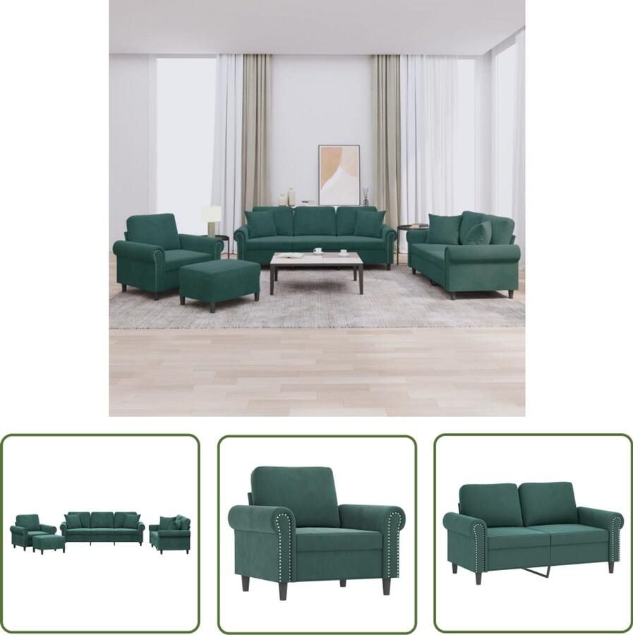 VidaXL 4-delige Loungeset met kussens fluweel donkergroen Loungeset Bankstel Fluweel Sofa Groene Bank Salontafel