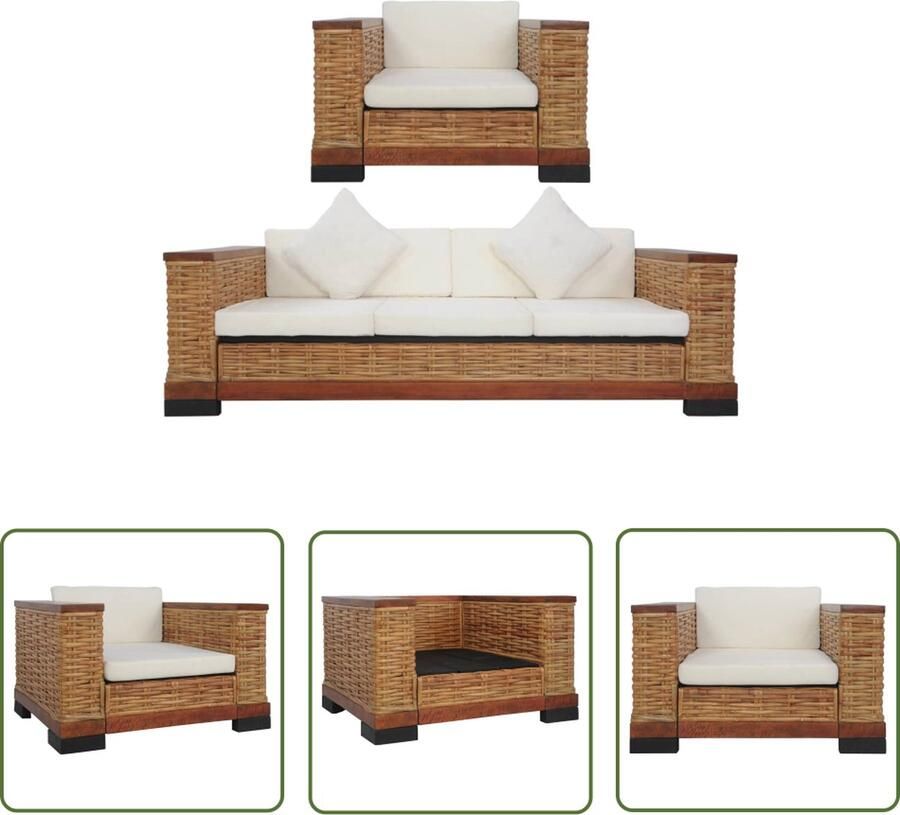 The Living Store Rattan Bankstelset Bruin Crèmewit Natuurlijk Rattan en Massief Mangohout Fauteuil 94x78x66cm 2-zitsbank 155x78x66cm 3-zitsbank 191x78x66cm Rattan Bank Bankstel Lounge Set Buiten Meubilair Tuinset - Foto 2