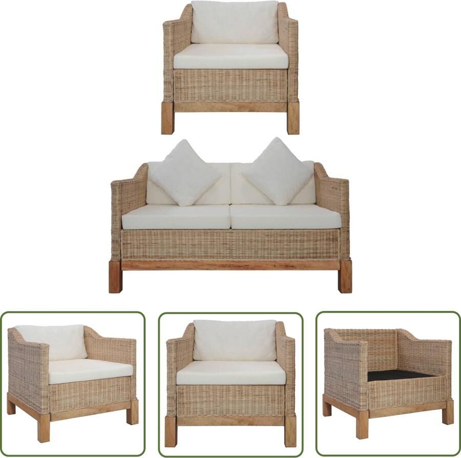 The Living Store Rattan Bankstelset Naturel en Crèmewit 1 fauteuil 1 driezitsbank 4 zitkussens 3 rugkussens 2 sierkussens Rattan Bank Lounge Set Buiten Meubilair Tuinbank Fauteuils - Foto 2