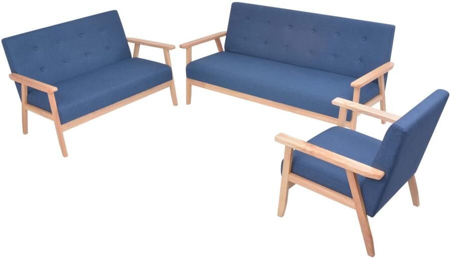 VidaXL Bankstel stof blauw 3-delig Bankstel Bankstellen Moderne Bank Moderne Banken