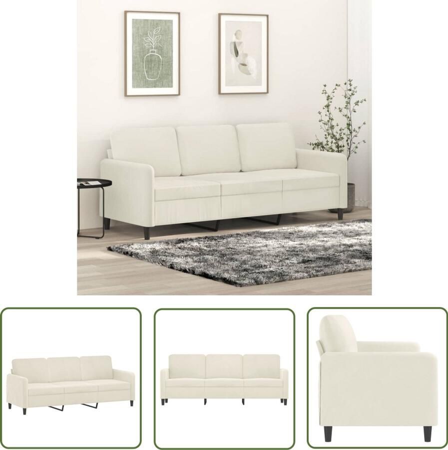 The Living Store Driezitsbank 180 cm fluweel crèmekleurig 3 Zits Bank Bankstellen Lounge Bank Fluweel Bank Creme Bank
