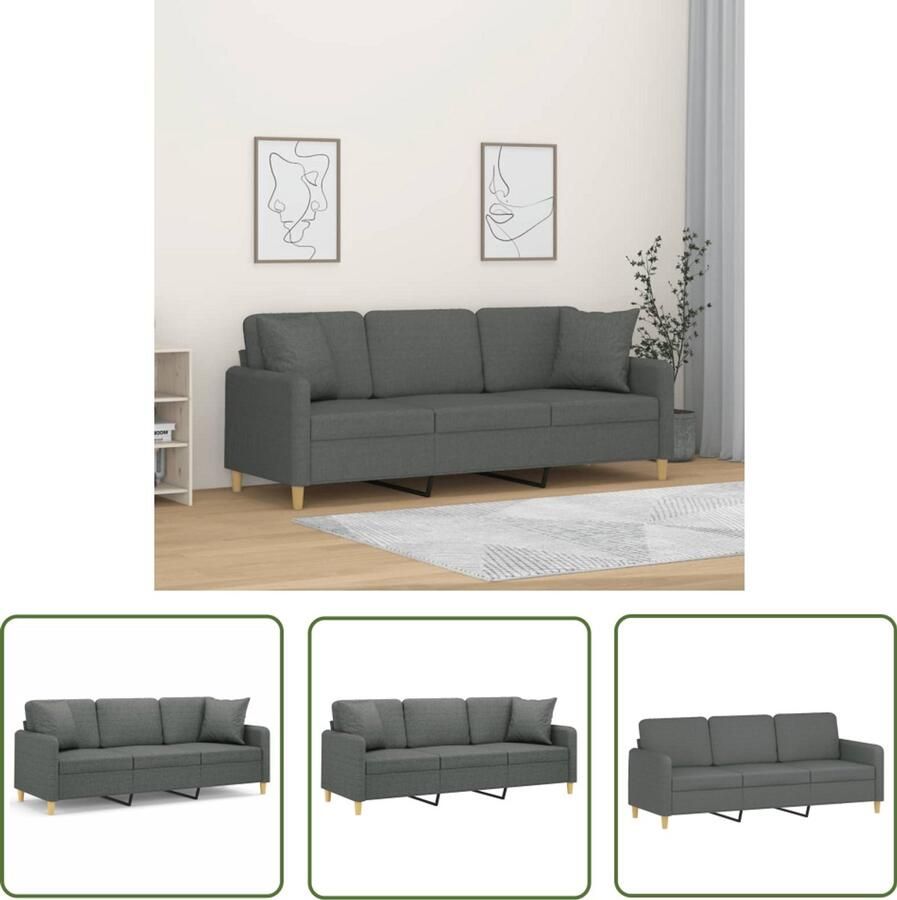 VidaXL Bankstellen Drie Zits Bank Driezitsbank met sierkussens 180 cm stof donkergrijs Stoffen Bank Grijze Bank Lounge Bank