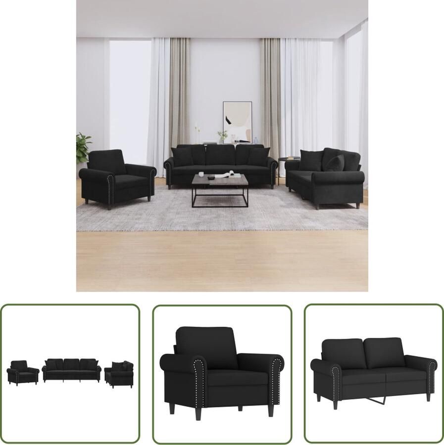 The Living Store 3-delige Loungeset met kussens fluweel zwart Loungebank Bankstellen Velvet Sofa Design Meubels Salonmeubel