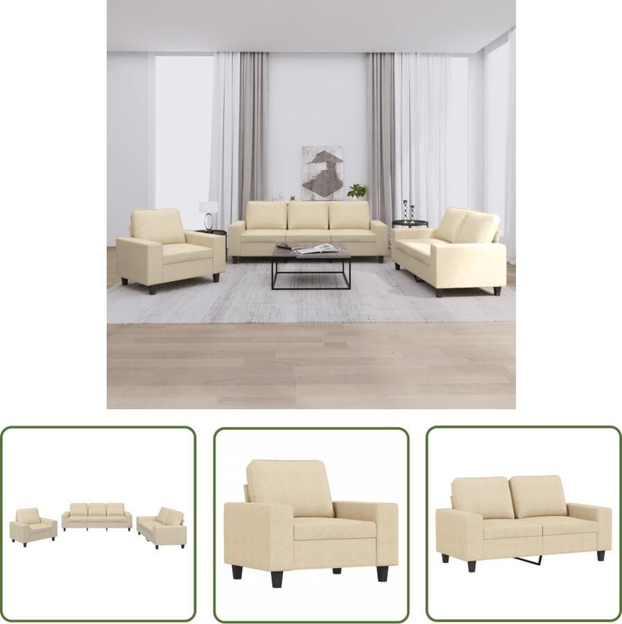 The Living Store 3-delige Loungeset stof crèmekleurig Loungebank Bankstellen Fauteuils Crème Meubilair Stoffen Bank