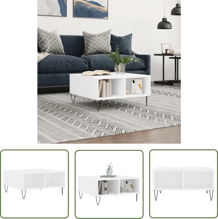 The Living Store Salontafel Banktafel 60 x 60 x 30 cm Wit Bewerkt Hout en IJzer Salontafel Banktafel Koffietafel Houten Salontafel Witte Salontafel