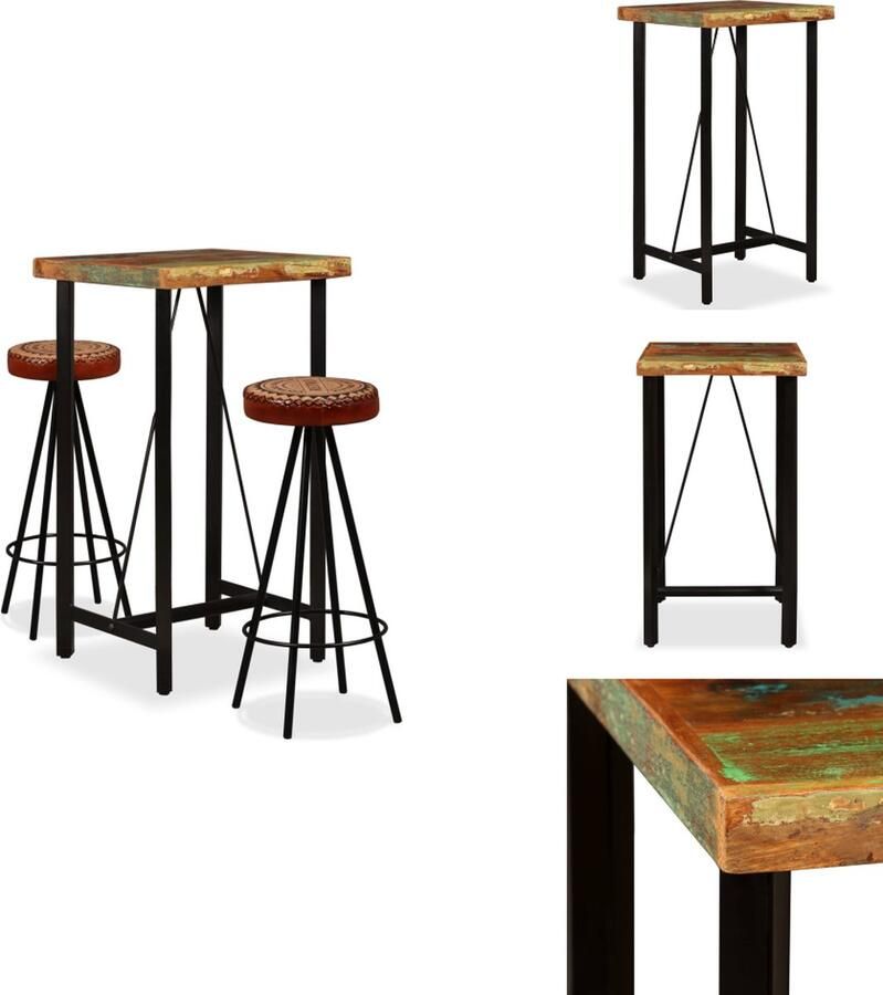 VidaXL Bar Set Bar Sets Bar Tafel En Kruk Bar Tafels En Krukken Barset massief gerecycled hout- echt leer en canvas 3-delig